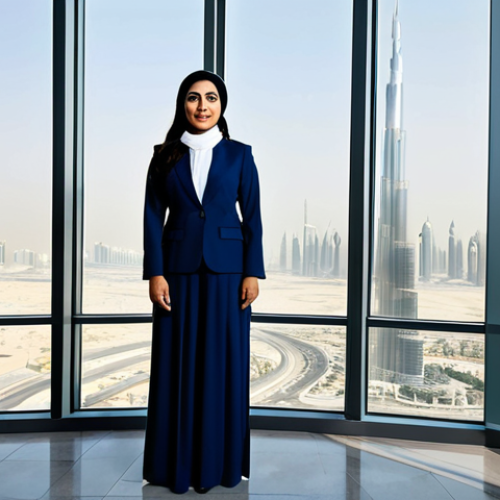 **

"A professional Arab businesswoman in a modern, modest business suit, standing confidently in a bright, spacious office in Dubai, United Arab Emirates. The office has large windows with a view of the Burj Khalifa. Fully clothed, appropriate attire, safe for work, perfect anatomy, correct proportions, natural pose, professional photography, high quality, family-friendly."

**