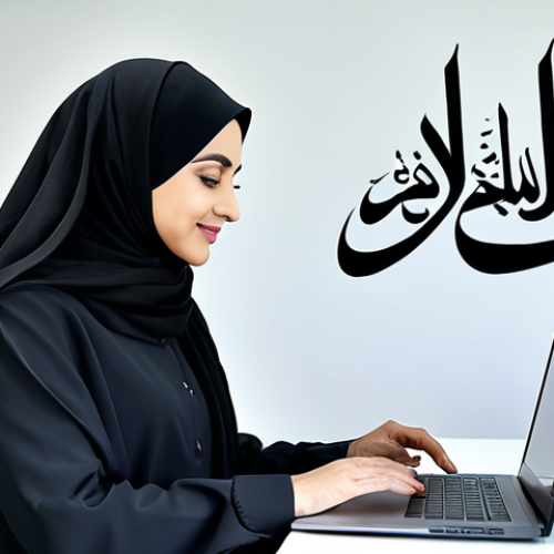 **

"A professional businesswoman in a modest, elegant abaya and hijab, working on a laptop in a bright, modern office with Arabic calligraphy art on the walls, fully clothed, appropriate attire, safe for work, perfect anatomy, natural proportions, professional photography, high quality, family-friendly."

**