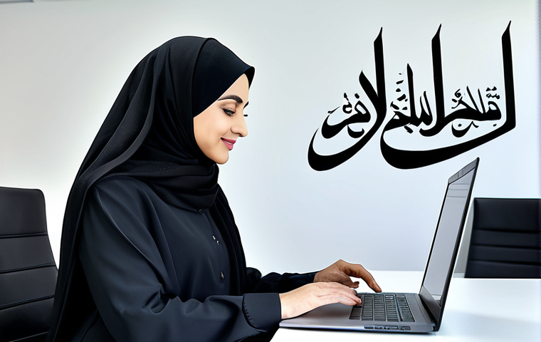 **
"A professional businesswoman in a modest, elegant abaya and hijab, working on a laptop in a bright, modern office with Arabic calligraphy art on the walls, fully clothed, appropriate attire, safe for work, perfect anatomy, natural proportions, professional photography, high quality, family-friendly."
**
